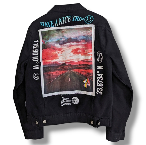 Brooklyn Cloth | "Have a Nice Trip" Patch Work Black Denim Jacket Men's Size M - Picture 2 of 5